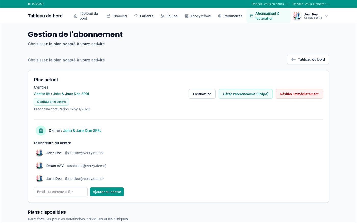 Manage the centre's subscription and users