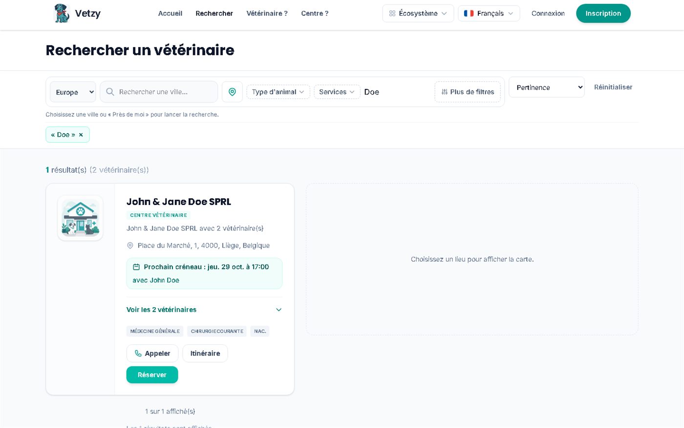 Vetzy vet search page showing the next free slot